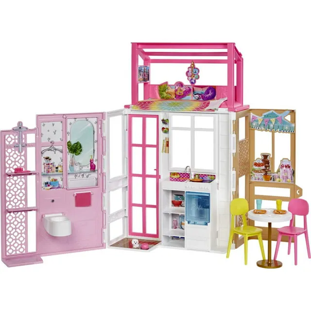 Barbie Doll House with Furniture & Accessories Including Pet Puppy, 4 Play Areas (Kitchen, Loft Bed, Bathroom & Dining Room)