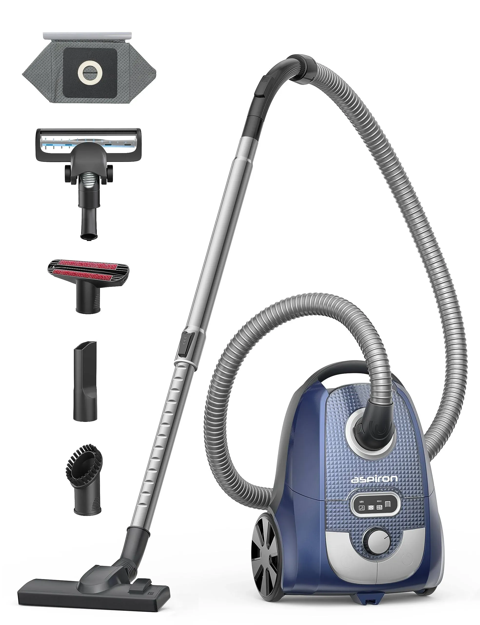 Aspiron Canister Vacuum Cleaner, 1300W Bagged Canister Vacuum, Turbo Brush, 5 ...