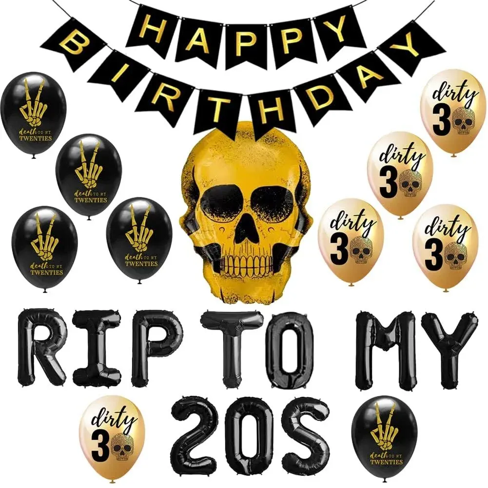 RIP To My 20s 30th Birthday Party Supplies, RIP TWENTIES Balloons Happy Birthday Banner for Death to My 20s Twenties RIP Youth Men Women Dirty 30 Funny 30th Bday Decorations Set of 24 PCS