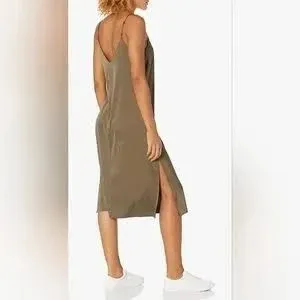 The Drop Women's Ana Silky V-Neck Midi Slip Dress size Small dark olive