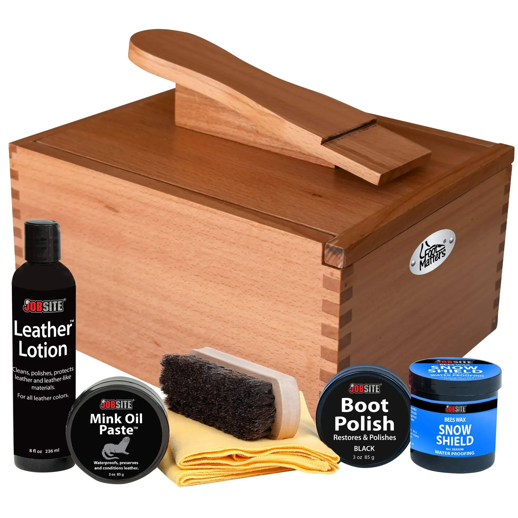 FootMatters Professional Shoe Shine Valet Kit - Includes Hardwood Boot & Shoe Care Box, Horsehair Brush, Mink Oil, Waterproof, Polish, Leather Lotion