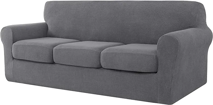 CHUN YI 4 Pieces Stretch Sofa Cover for 3 Seater Couch, Washable Soft Sofa Slipcover with 3 Separate Seat Cushion Covers for Dogs, Checks Spandex Jacquard Fabric, Large, Greyish Green