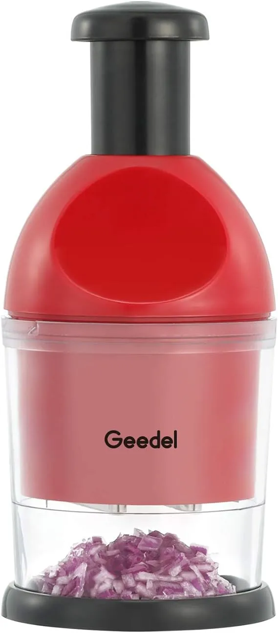 Geedel Food Chopper, Easy to Clean Manual Hand Vegetable Chopper Dicer, Dishwasher Safe Slap Onion Chopper for Veggies Onions Garlic Nuts Salads Red