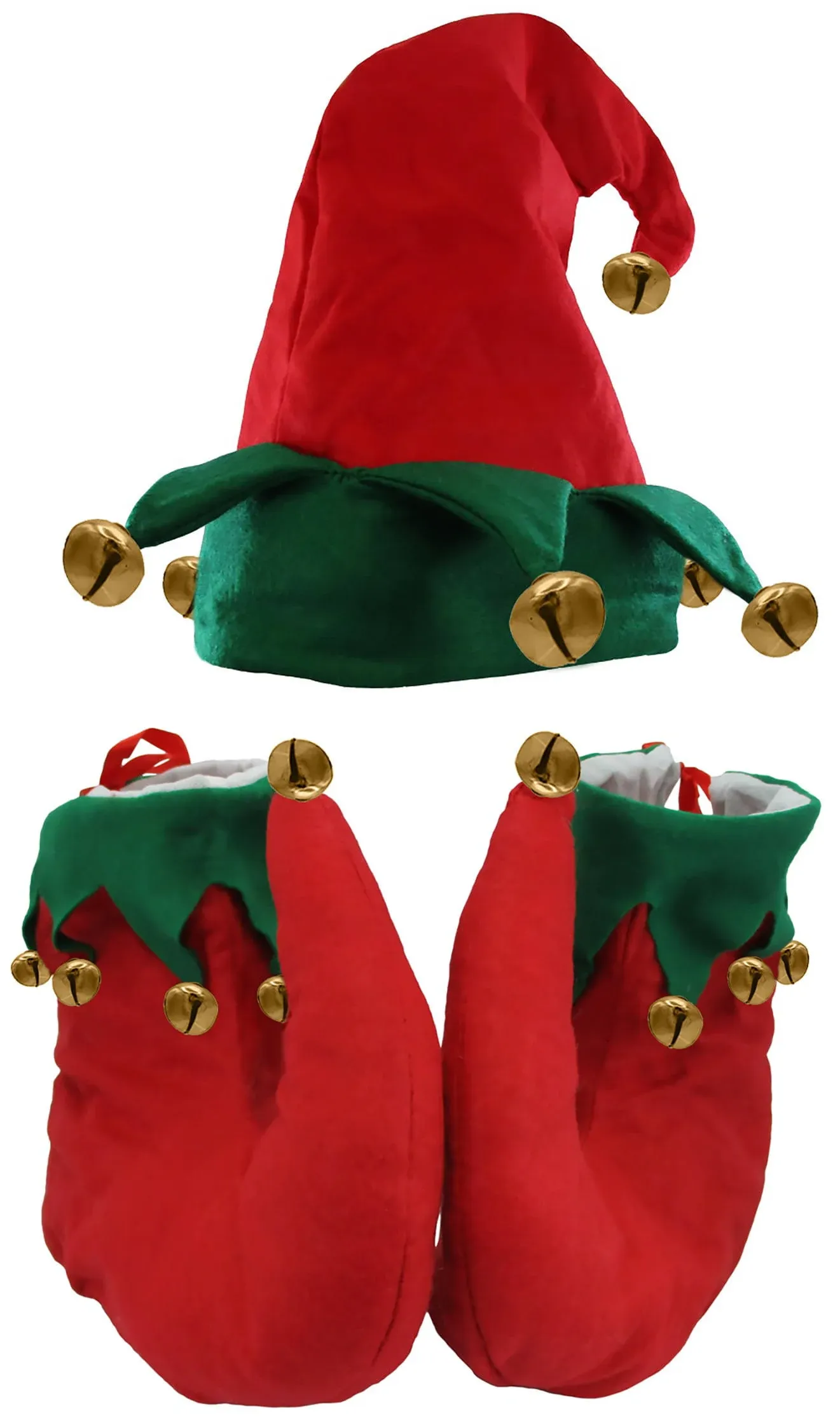 Nicky Bigs Novelties Unisex Adult Red and Green Elf Hat & Shoes Jingle Bells Holiday Costume Set