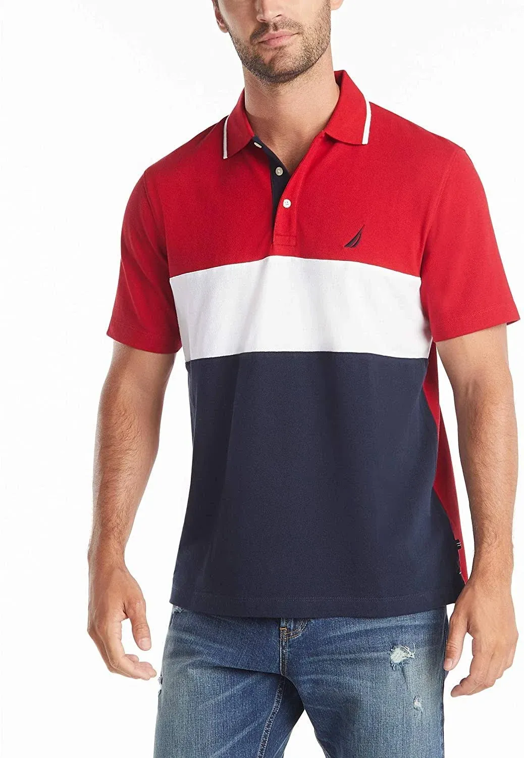 Nautica Men's Short Sleeve 100% Cotton Pique Color Block Polo Shirt