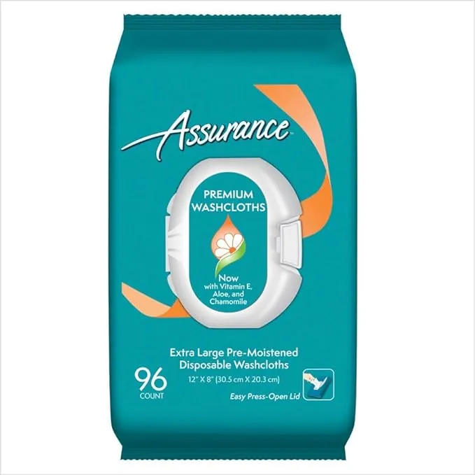 Assurance Premium Pre-moistened Disposable Washcloths, Extra Large, 48ct, Multipack of 4 (192 Wipes Total)