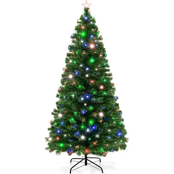 Best Choice Products 8ft Pre-Lit Fiber Optic Artificial Pine Christmas Tree, Holiday Décor Centerpiece w/ 320 Multicolored LED Lights, 8 Sequences, Foldable Stand