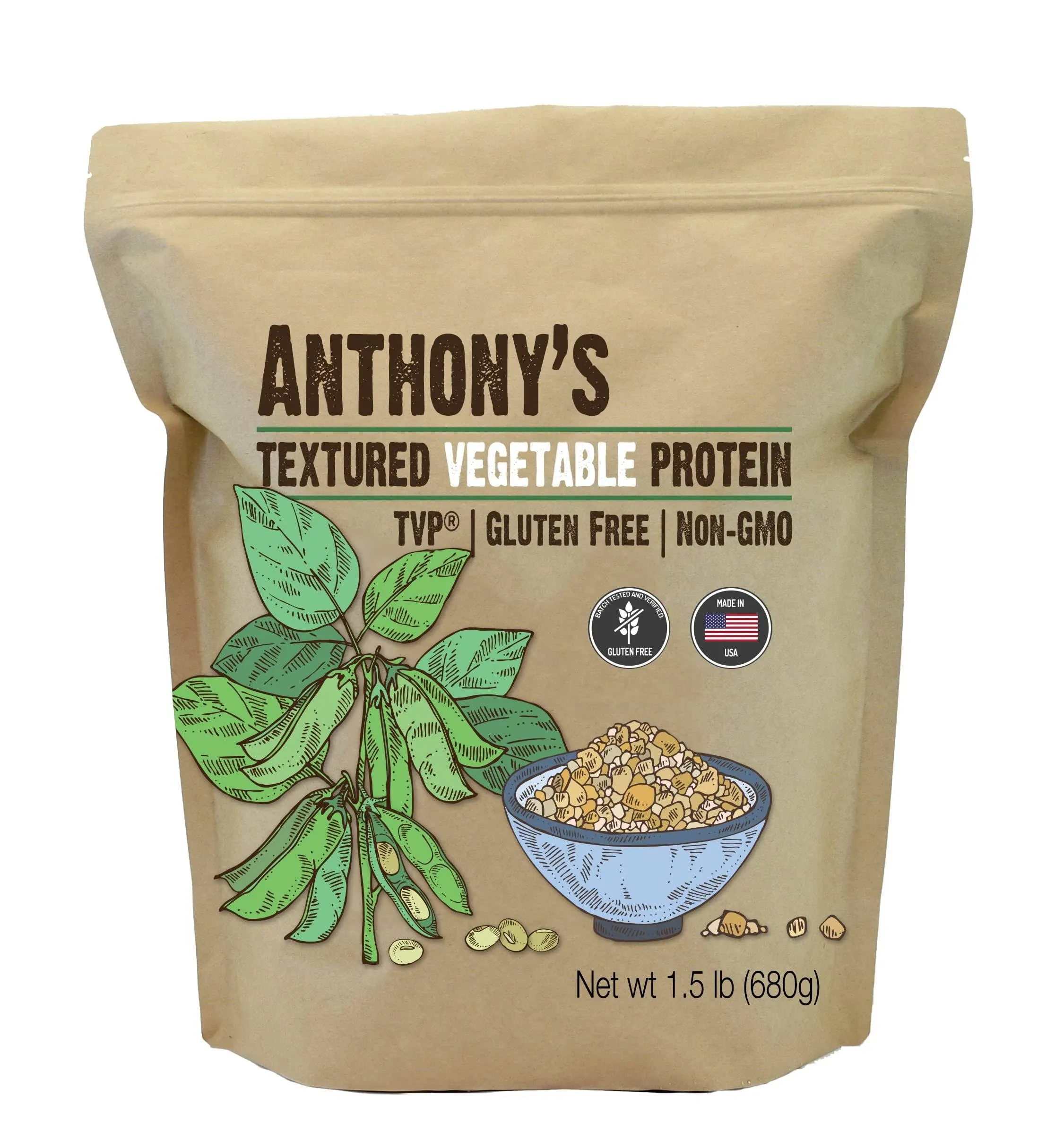 Anthony's Textured Vegetable Protein, TVP, 1.5 lb, Gluten Free, Vegan, Made in USA, Unflavored