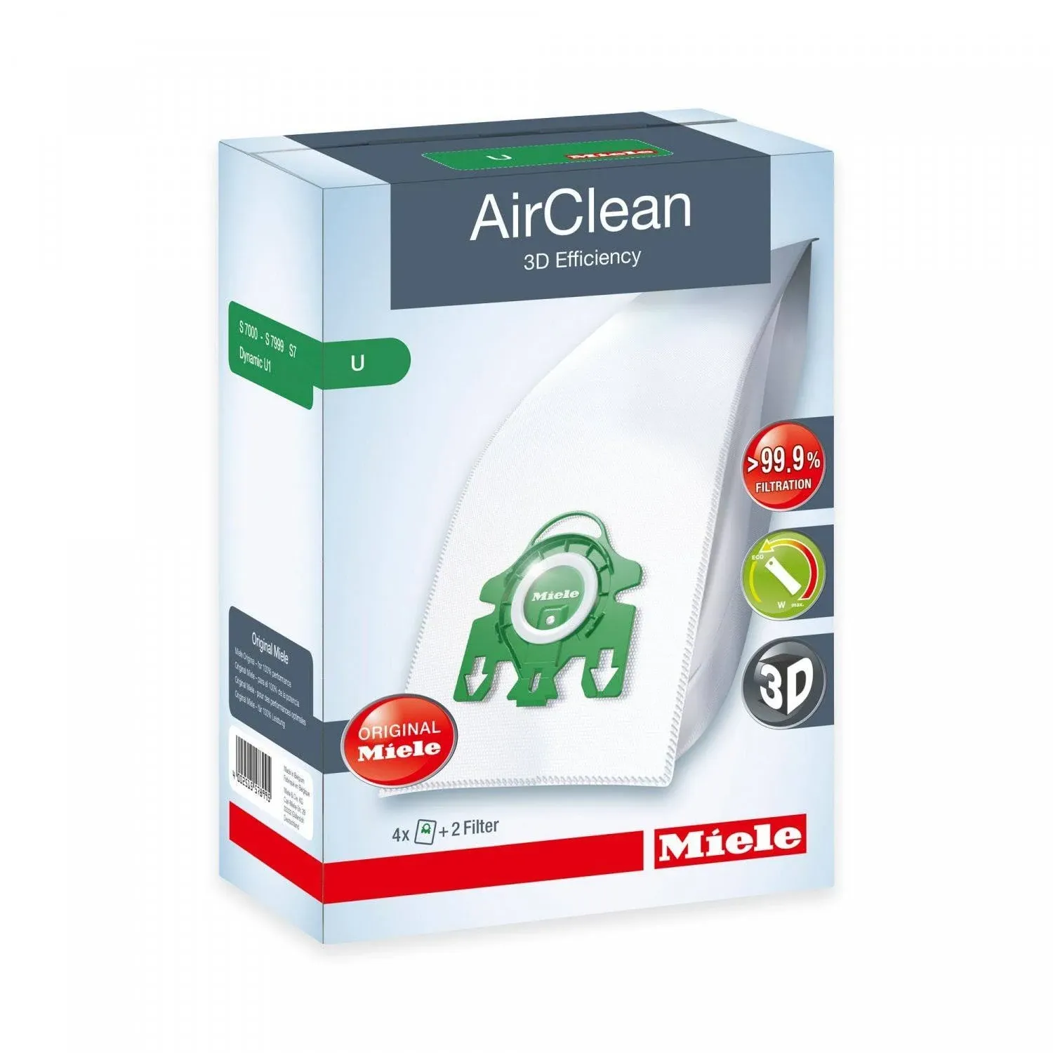 Miele AirClean 3D Efficiency Dust Bag, Type U, 8 Bags & 4 filters