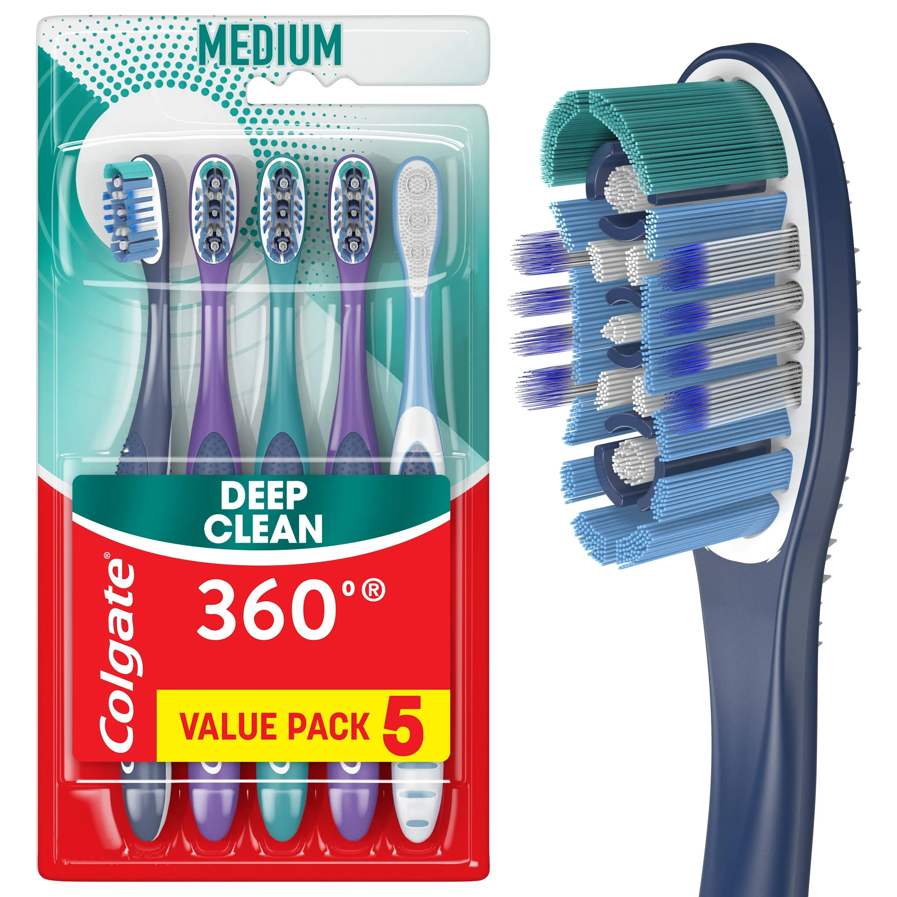 Colgate 360° Manual Toothbrush with Tongue and Cheek Cleaner, Medium, 5 Ct. US