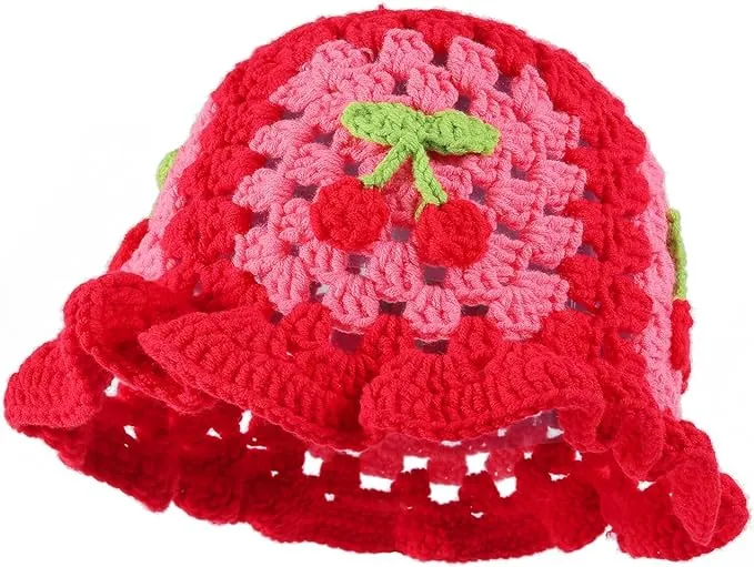 Fiewmay Crochet Bucket Hat for Women Handmade Floral Hat Portable Knitted Elastic Cute Beach Hat for Vacation Traveling