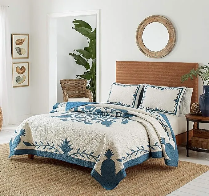 Tommy Bahama - Queen Quilt, Cotton Lightweight Bedding, Pre-Washed for Added Softness (Aloha Pineapple Blue, Queen)