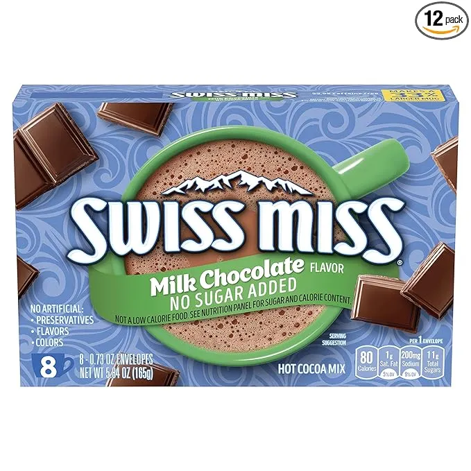 Swiss Miss Milk Chocolate Flavor No Sugar Added Hot Cocoa Mix, 0.73 oz. 8-Count (Pack of 12)