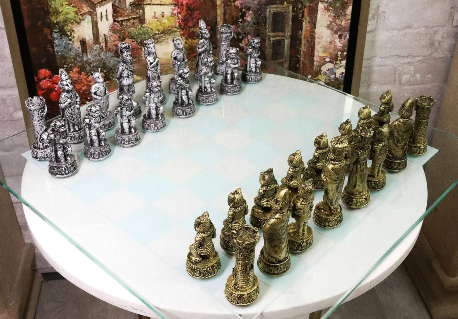 Ebros Age Old Feud Animal Kingdom Cats Versus Dogs Royal Battleground Chess Set Resin Character Pieces with Checker Frosted Glass Board Gaming Set