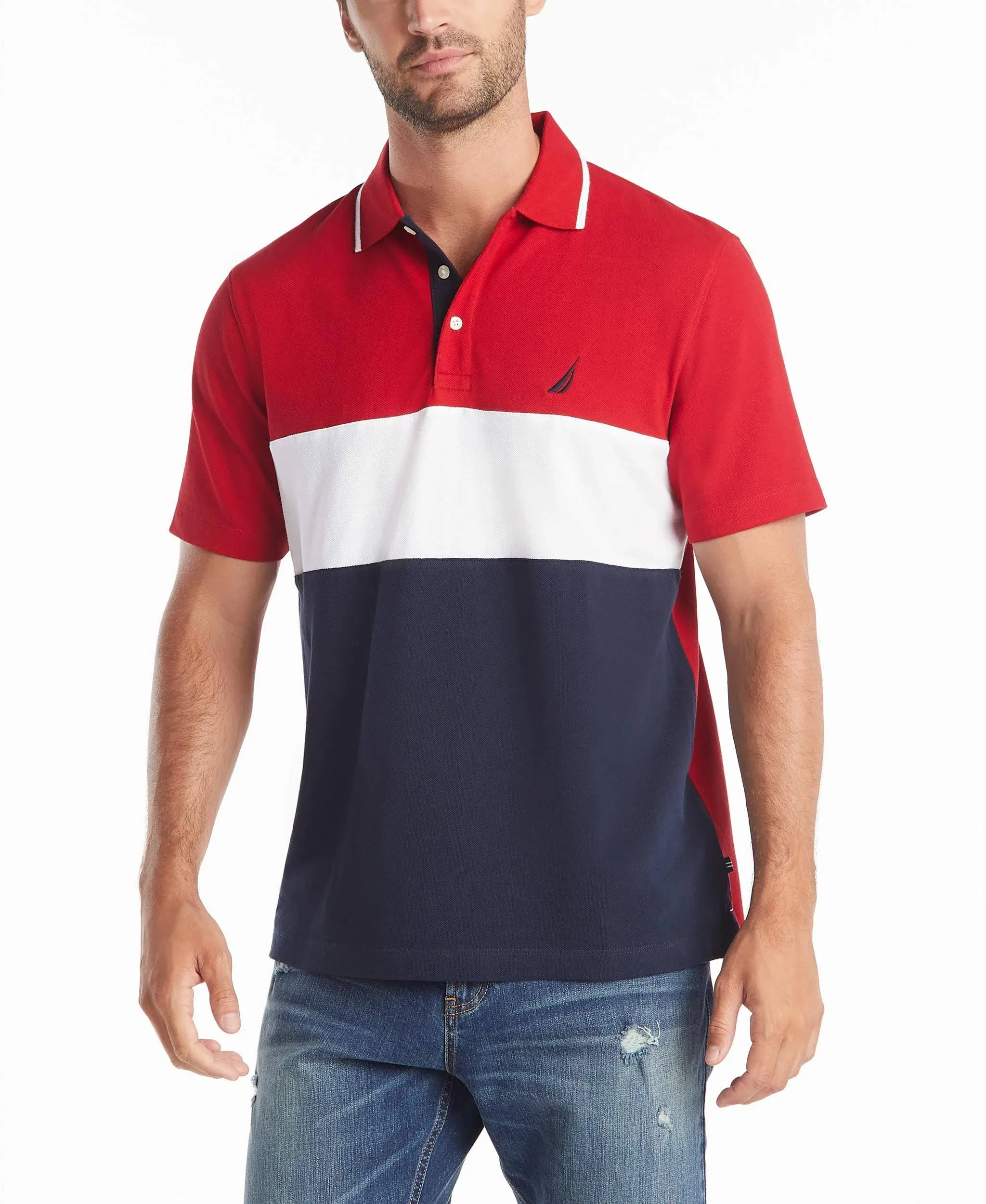 Men&#x27;s 100% Cotton Pique Color Block Polo Shirt