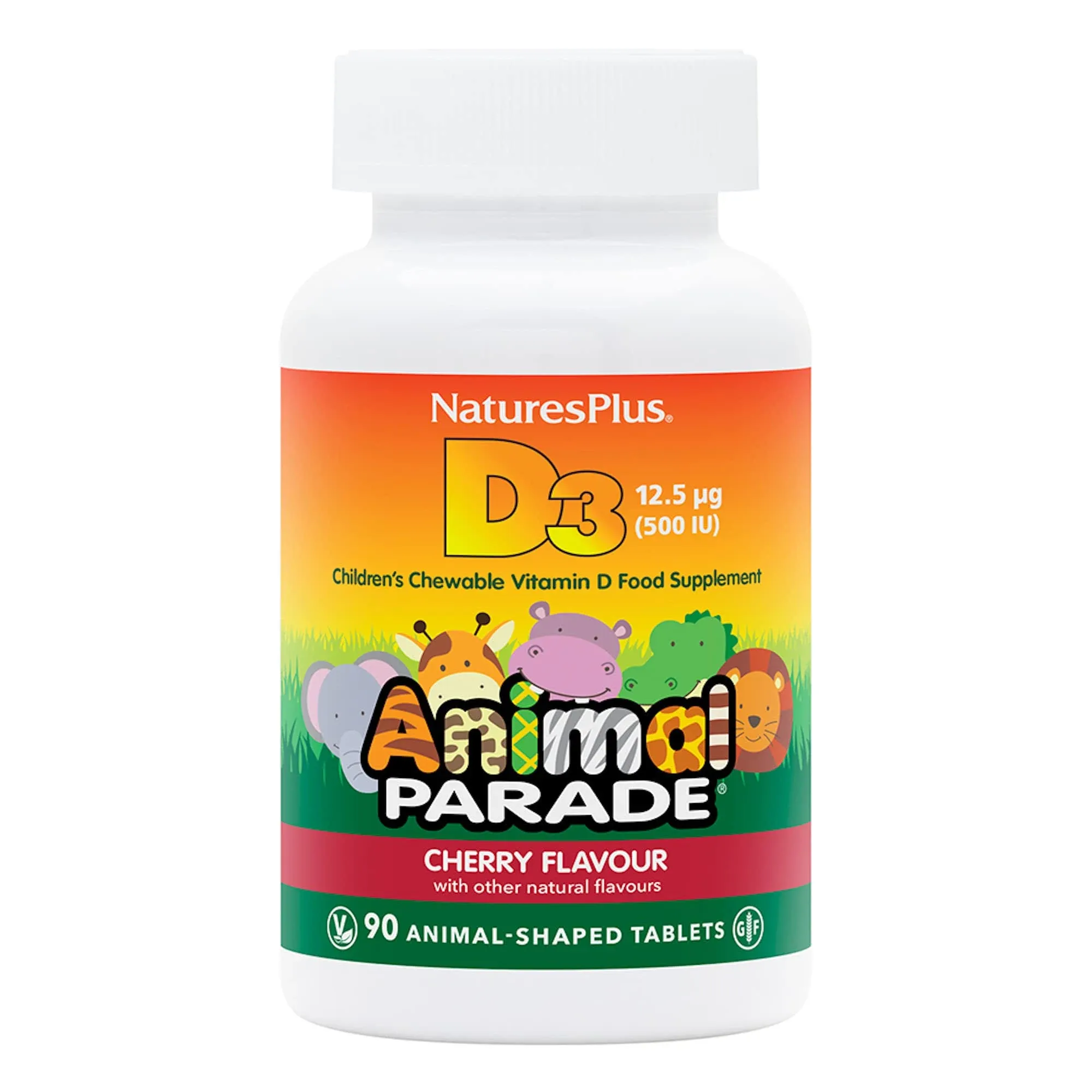 NaturesPlus Animal Parade Vitamin D3 Children’s Chewables - Black Cherry Flavor - 90 Animal-Shaped Tablets - Gluten Free, Vegetarian, Hypoallergenic - 90 Servings