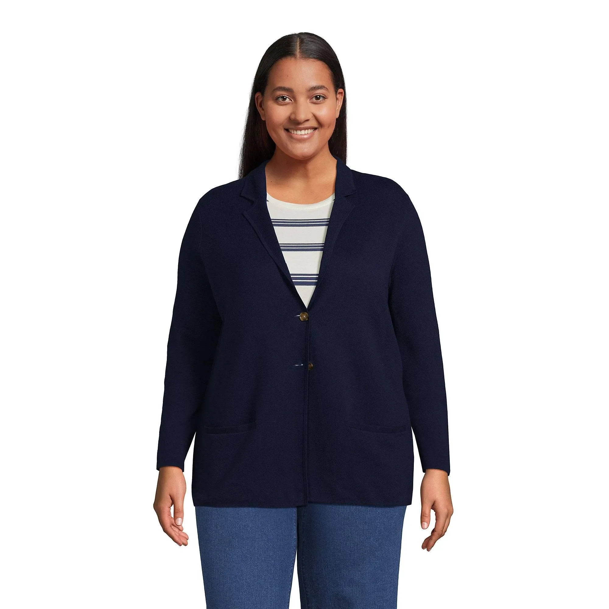 Lands' End Women's Fine Gauge Cotton Button Front Blazer Sweater