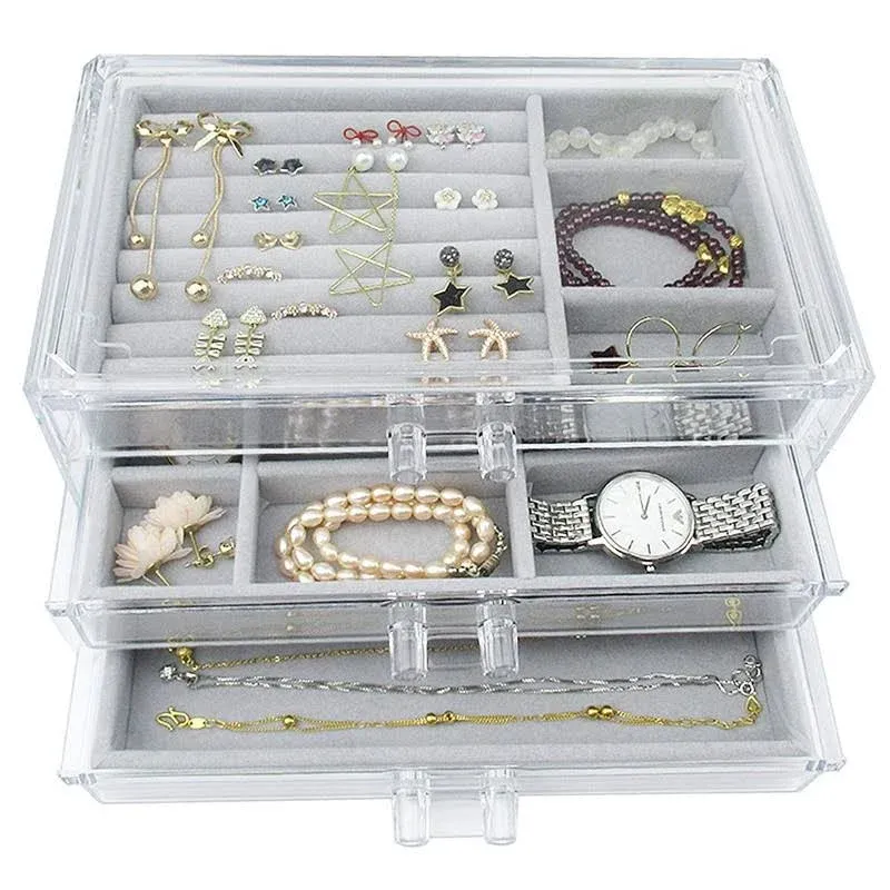 Acrylic Jewelry Box 3 Drawers Organizer,Velv<wbr/>et,Rings Necklaces Bracelet Display 