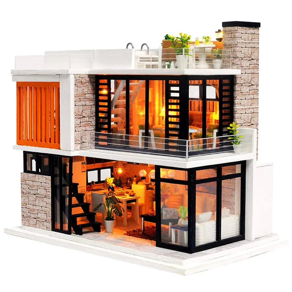 Spilay Dollhouse Miniature with Furniture,DIY Kit Mini Modern Villa Model with Music Box,1:24 Scale Creative Doll House Best Christmas Birthday Gift