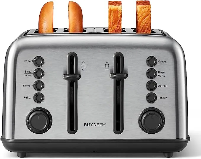 BUYDEEM DT640 4-Scheiben-Toaster, extra breite Schlitze, Retro-Edelstahl mit hohem Hebehebel, Bagel- und Muffin-Funktion, Auffangschale, 7-Schattierungseinstellungen, gemütliches Grün