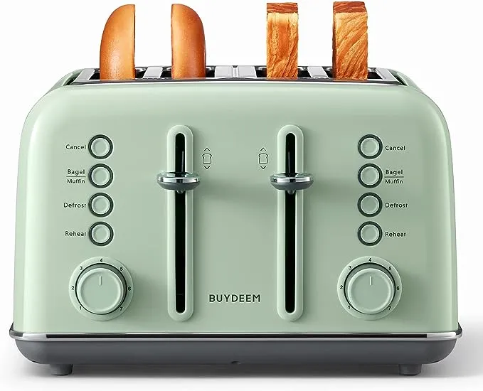 BUYDEEM DT640 4-Slice Toaster, Extra Wide Slots, Retro Stainless Steel with High Lift Lever, Bagel and Muffin Function, Removal Crumb Tray, 7-Shade Settings (Stainless Steel)