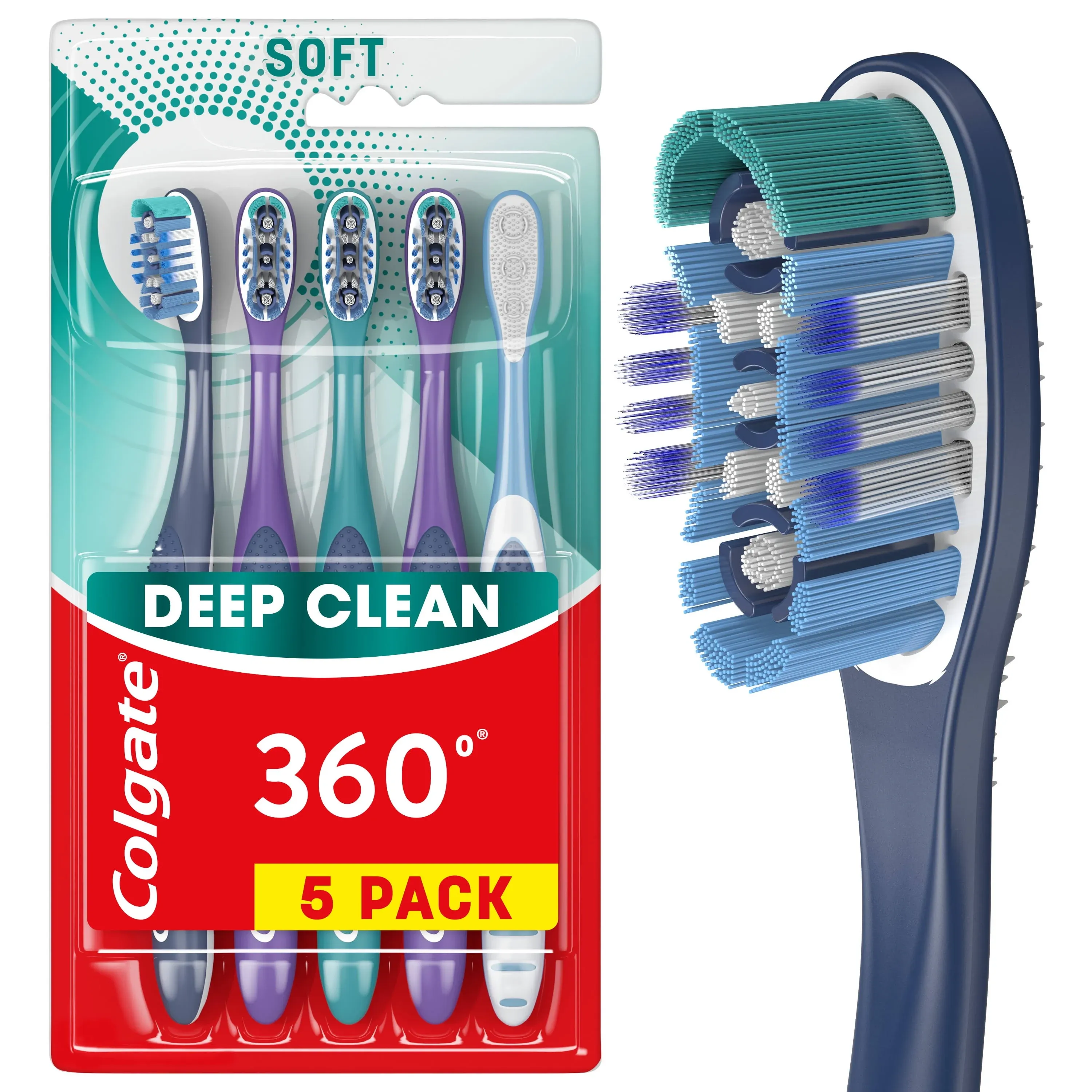 Colgate 360 Manual Toothbrush with Tongue and Cheek Cleaner, Soft, 5 Count