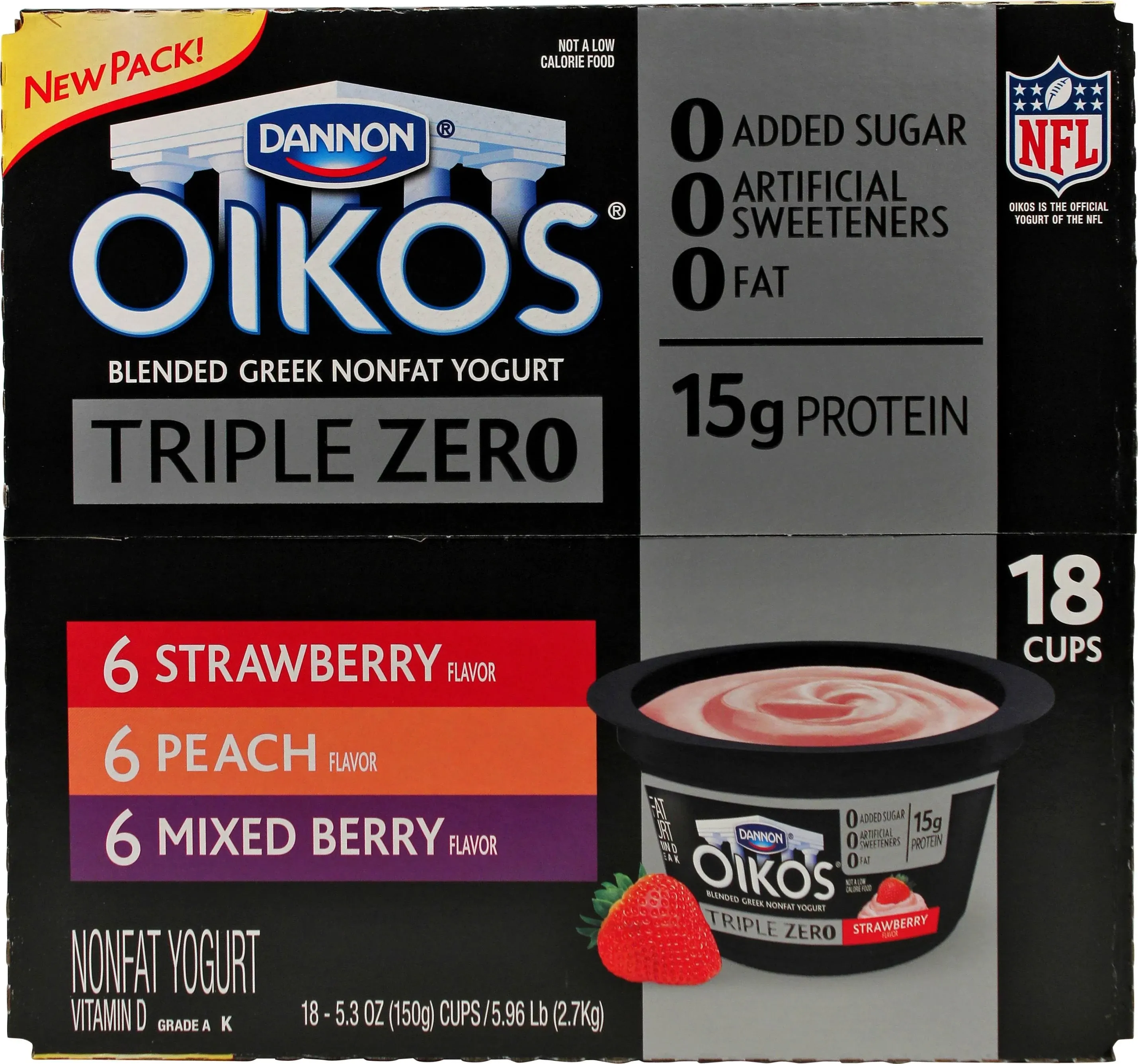 Oikos Triple Zero Blended Greek Nonfat Yogurt, 5.3 oz, Strawberry/Mixed Berry ...