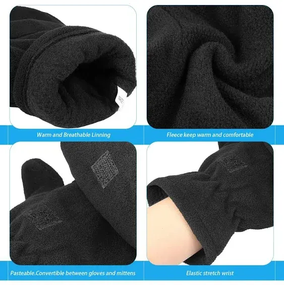 OZERO Winter Gloves Fingerless Convertible Mittens Thermal Polar Fleece Insulated Lining Windproof Warm for Men Women Black