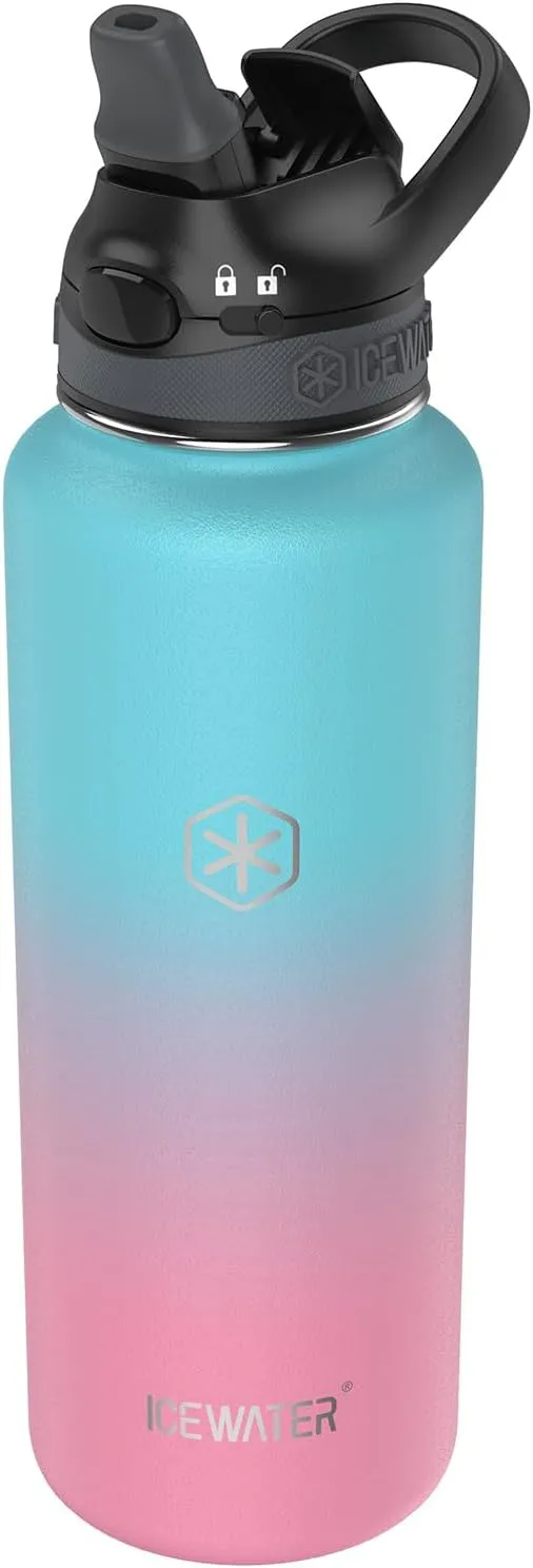 ICEWATER - 40 oz Insulated Water Bottle With Pop up Straw and Carrying Handle, Leakproof Lockable Lid with Soft Rubber Nozzle, One-hand Operation, Vacuum Stainless Steel, BPA-Free (Dark Rainbow)