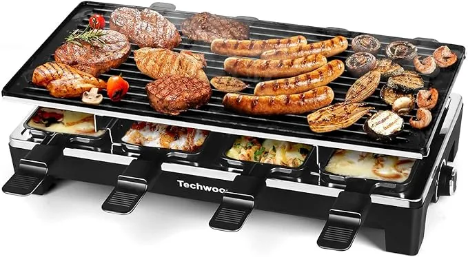 Raclette Table Grill, Techwood Electric Indoor Grill Korean BBQ Grill, Removable 2-in-1 Non-Stick Grill Plate, 1500W Fast Heating with 8 Cheese Melt Pans, Ideal for Parties and Family Fun