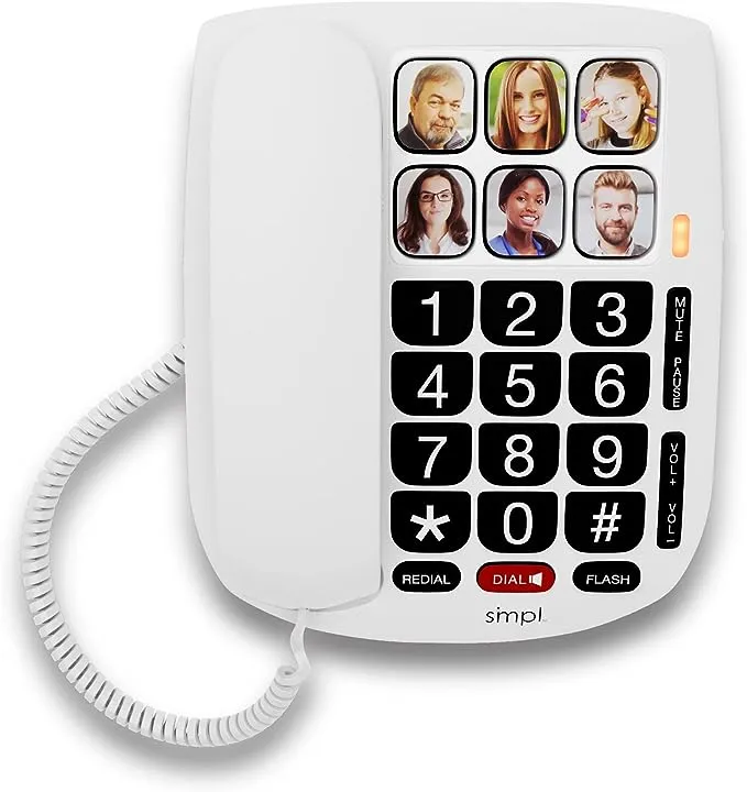 SMPL Hands-Free Dial Photo Memory Corded Phone, One-Touch Dialing, Large Buttons, Flashing Alerts, Durable, Perfect for Seniors, Alzheimer's, Dementia, Hearing Impaired