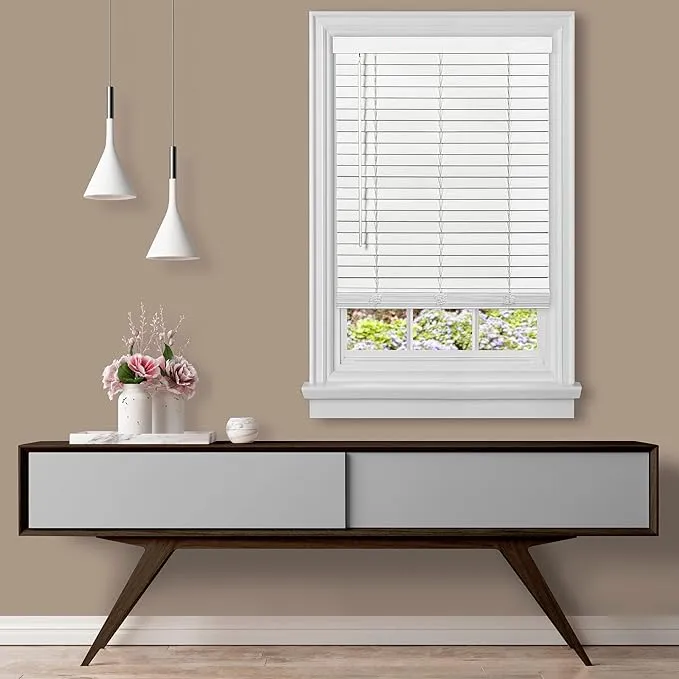 Cordless Room Darkening Plantation Blind - 27 Inch Width, 64 Inch Length, 2" Vinyl Slat Size - White - GII Madera Falsa Faux Wood, Light Filtering Horizontal Windows Blinds by Achim Home Decor