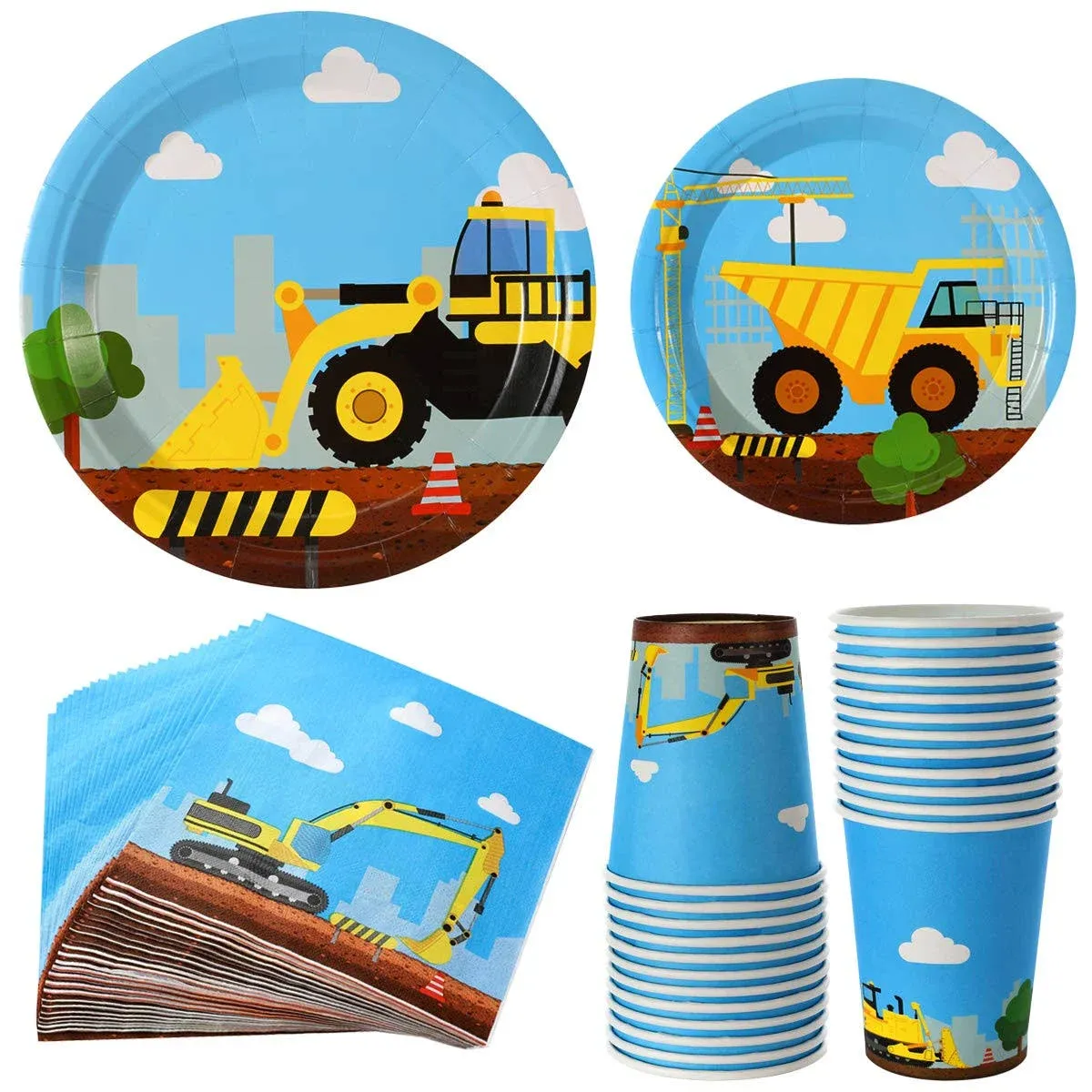 Construction Birthday Party Supplies Set 97 Pieces For Kids- Serves 24 Guest-Digger Truck Bulldozer Party Tableware Kit - Including Dump Truck Plates, Cups, Napkins