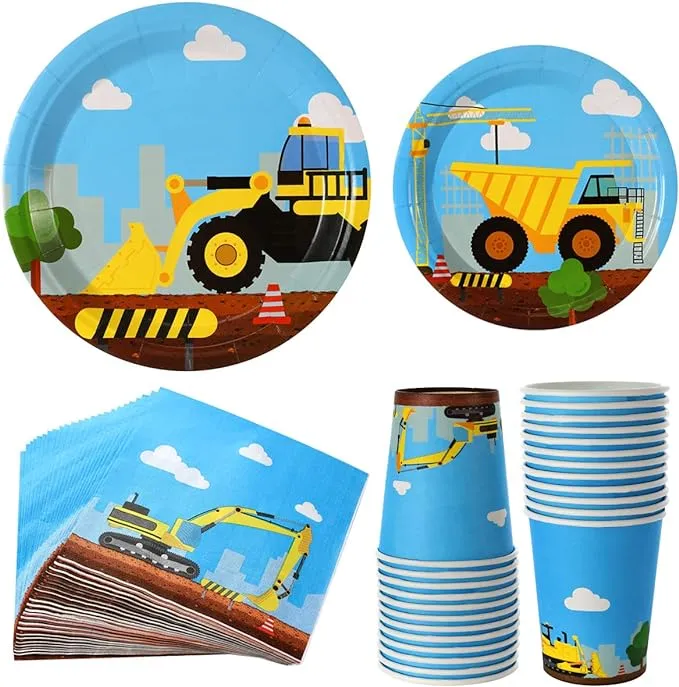 Construction Birthday Party Supplies Set 102 Pieces for Kids- Serves 24 Guest-Digger Truck Bulldozer Themed Dinnerware Kit - Including Dump Truck