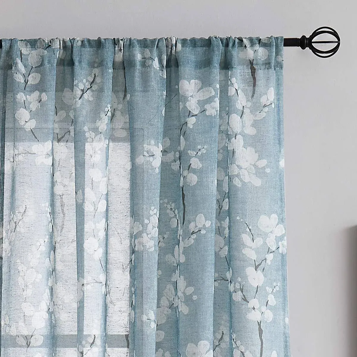 FMFUNCTEX Linen Sheer Curtains for Bedroom, Blue White Blossom Print Curtains 63 inch Length for Living Room, Floral Patterned Farmhouse Curtains