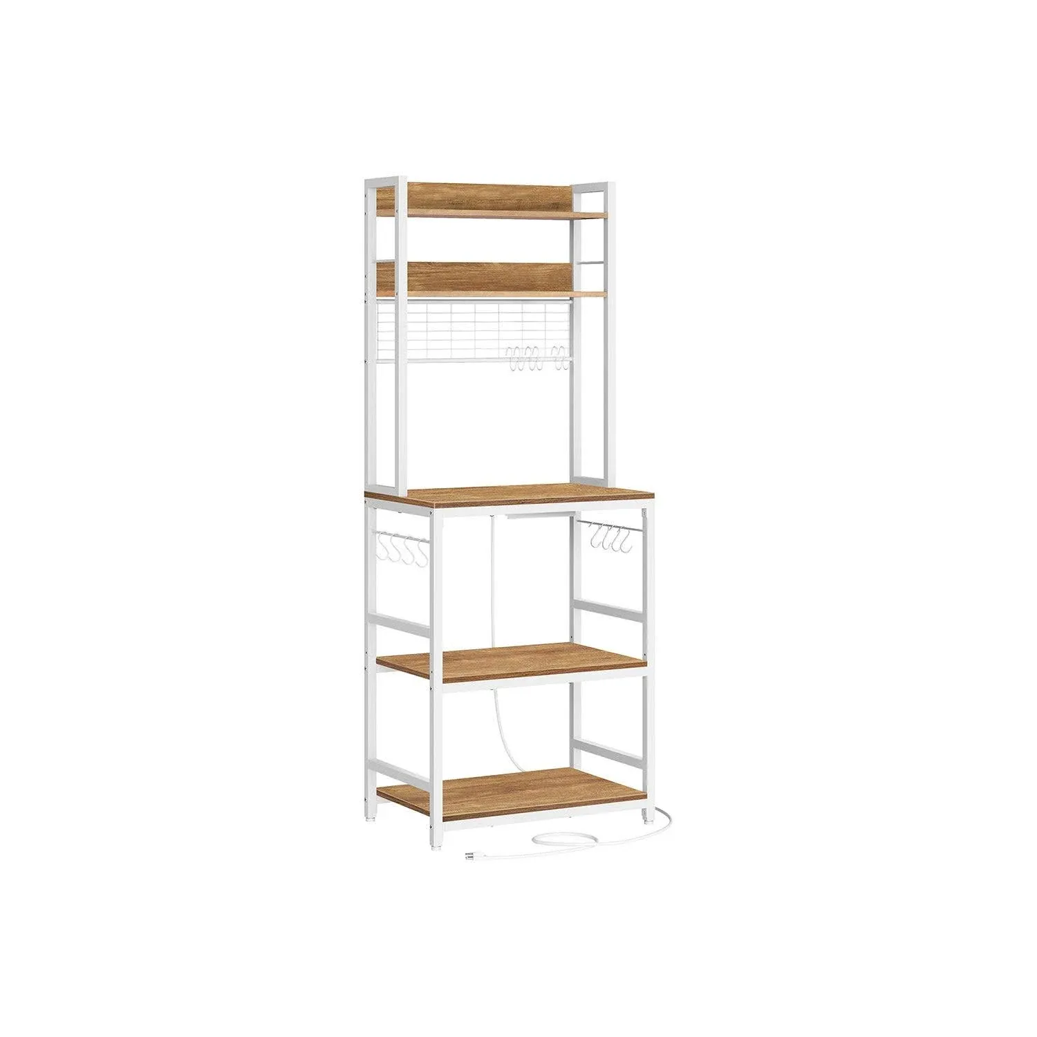 VASAGLE Hutch Bakers Rack with Power Outlet, 14 Hooks Microwave Stand, Adjustable Coffee Bar with Metal Wire Panel, Rustic Walnut and White UKKS037W41