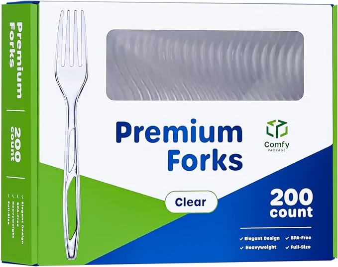 Comfy Package [200 Count] Premium Heavyweight Disposable Forks - Clear Plastic Forks, Plastic Cutlery, Perfect for Parties, Events, and Catering