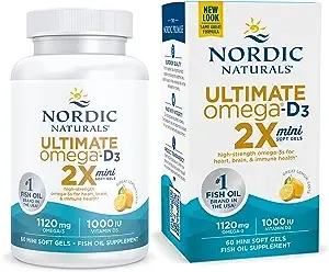 Nordic Naturals Ultimate Omega 2X Mini D3, Lemon Flavor - 60 Mini Soft Gels - 1120 mg Omega-3 + 1000 IU Vitamin D3 - Omega-3 Fish Oil - EPA & DHA - Promotes Brain & Heart Health - 30 Servings