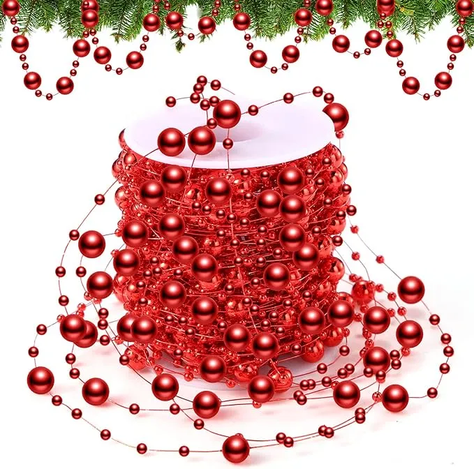 Christmas Tree Garland Decoration, Beads Garland Pearl Strands for Christmas Tree and Crafts 65.6ft Red