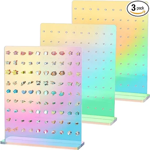 NiHome Iridescent Earrings Holder Display 90 Holes Rainbow Iridescent Ear Studs Jewelry Show Rack Set of 3 Stand Organizer Holder Acrylic Earring