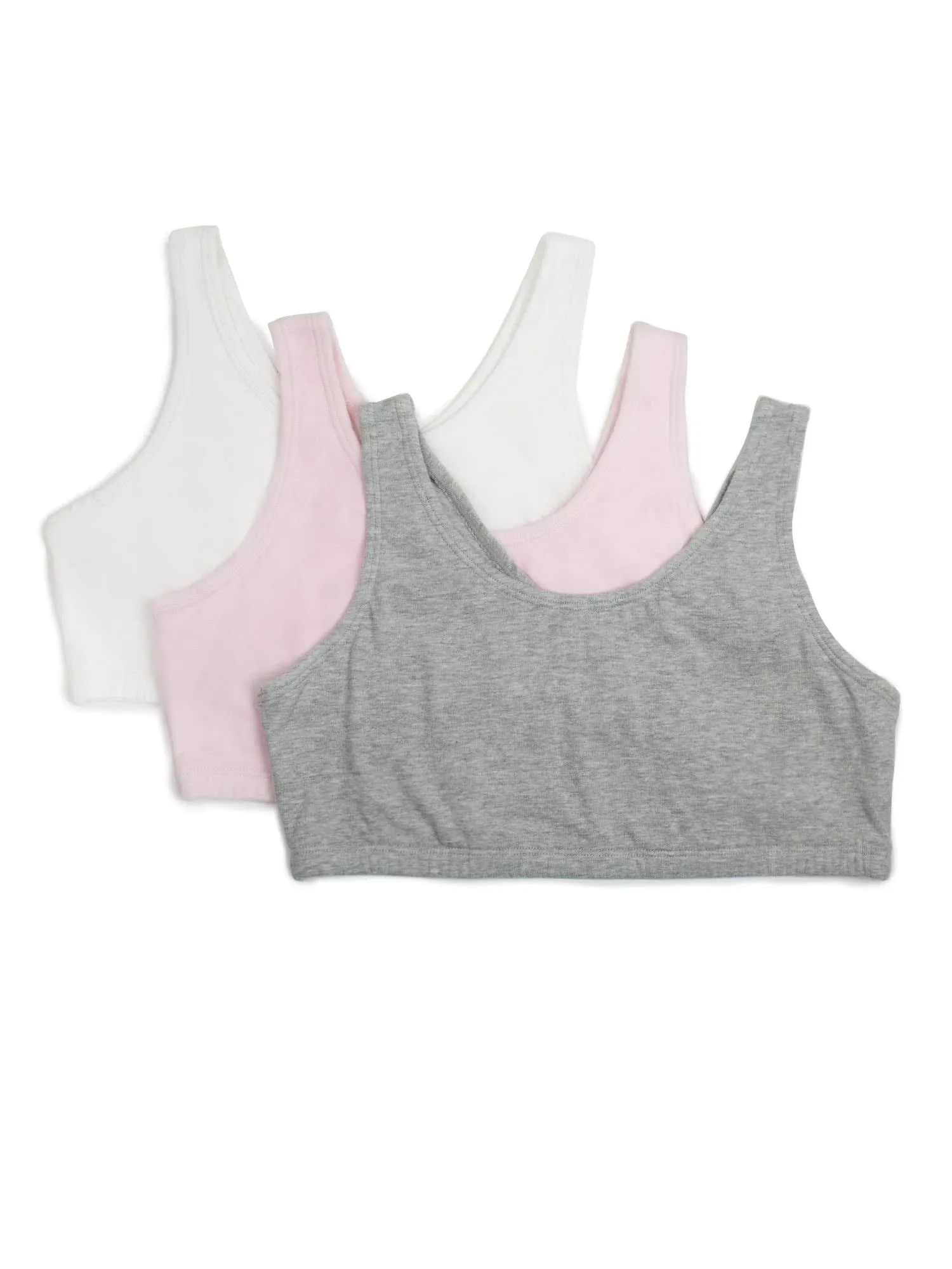 Fruit of the Loom Girls' 3 Pack Cotton Built -Up Stretch Sports Bra in Everyday Colors