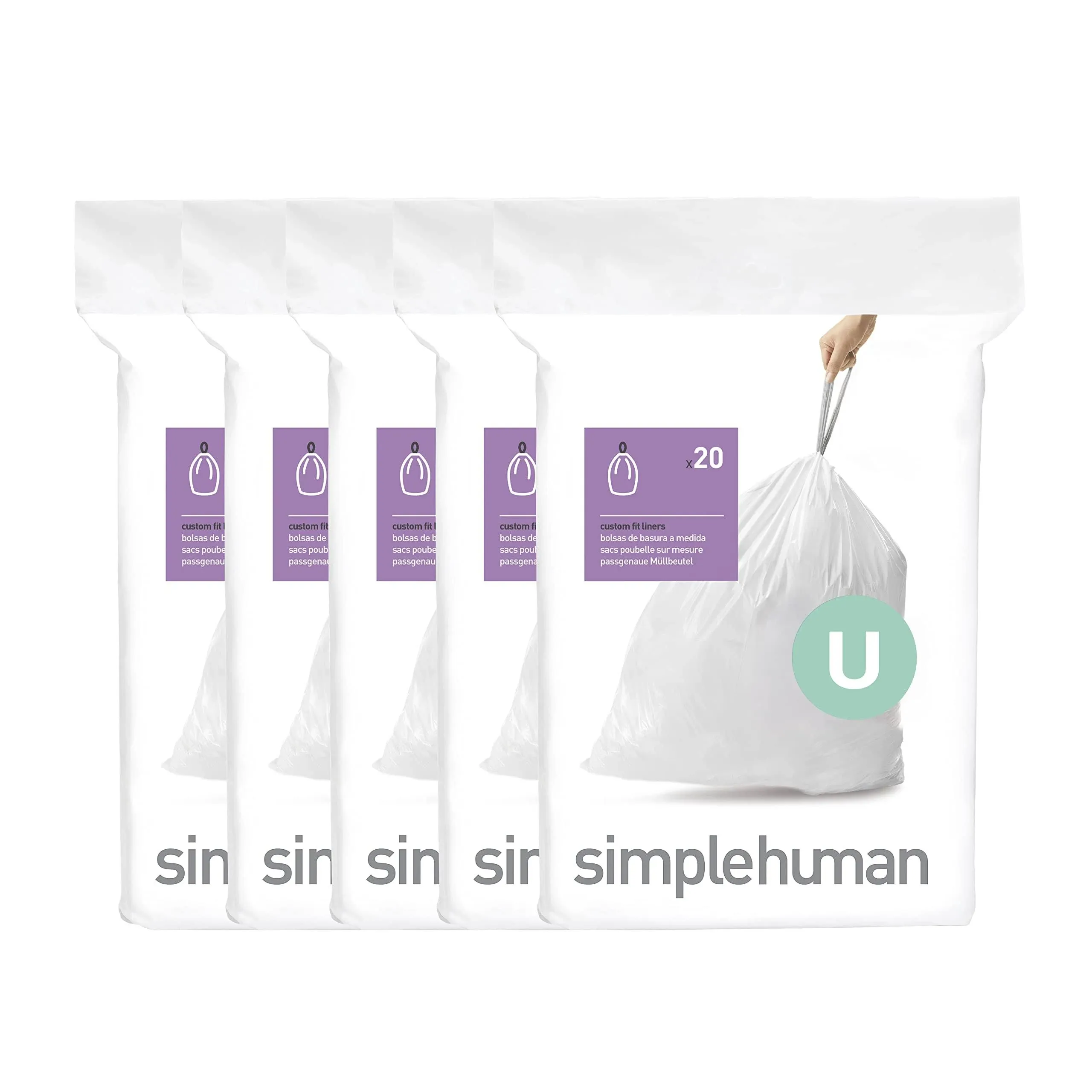 simplehuman Code U Custom Fit Drawstring Trash Bags in Dispenser Packs, 100 Count, 55 Liter / 14.5 Gallon, White