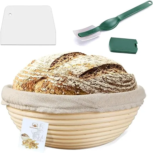 9 Inch Proofing Basket,WERTIOO Banneton Bread Proofing Basket + Bread Lame +Dough Scraper+ Linen Liner Cloth Sourdough Bread Baking Supplies