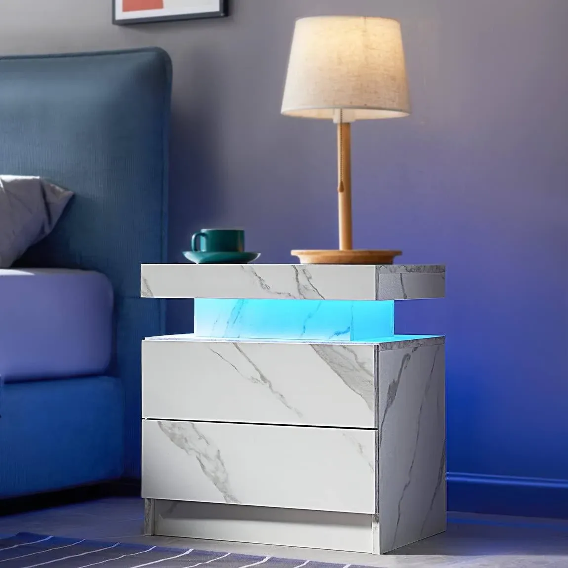 i-aplus Bedside Table with 2 Drawers LED Nightstand Wooden Cabinet Unit with LED ...