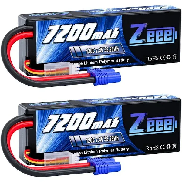 2S Lipo Battery 7200Mah 7.4V 120C Hard Case RC Battery with EC3 Connector 2 Pack