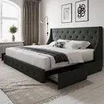 Allewie Queen Bed Frame with 4 Storage Drawers and Wingback Headboard Button Tufted Design No Box Spring Needed Dark Grey