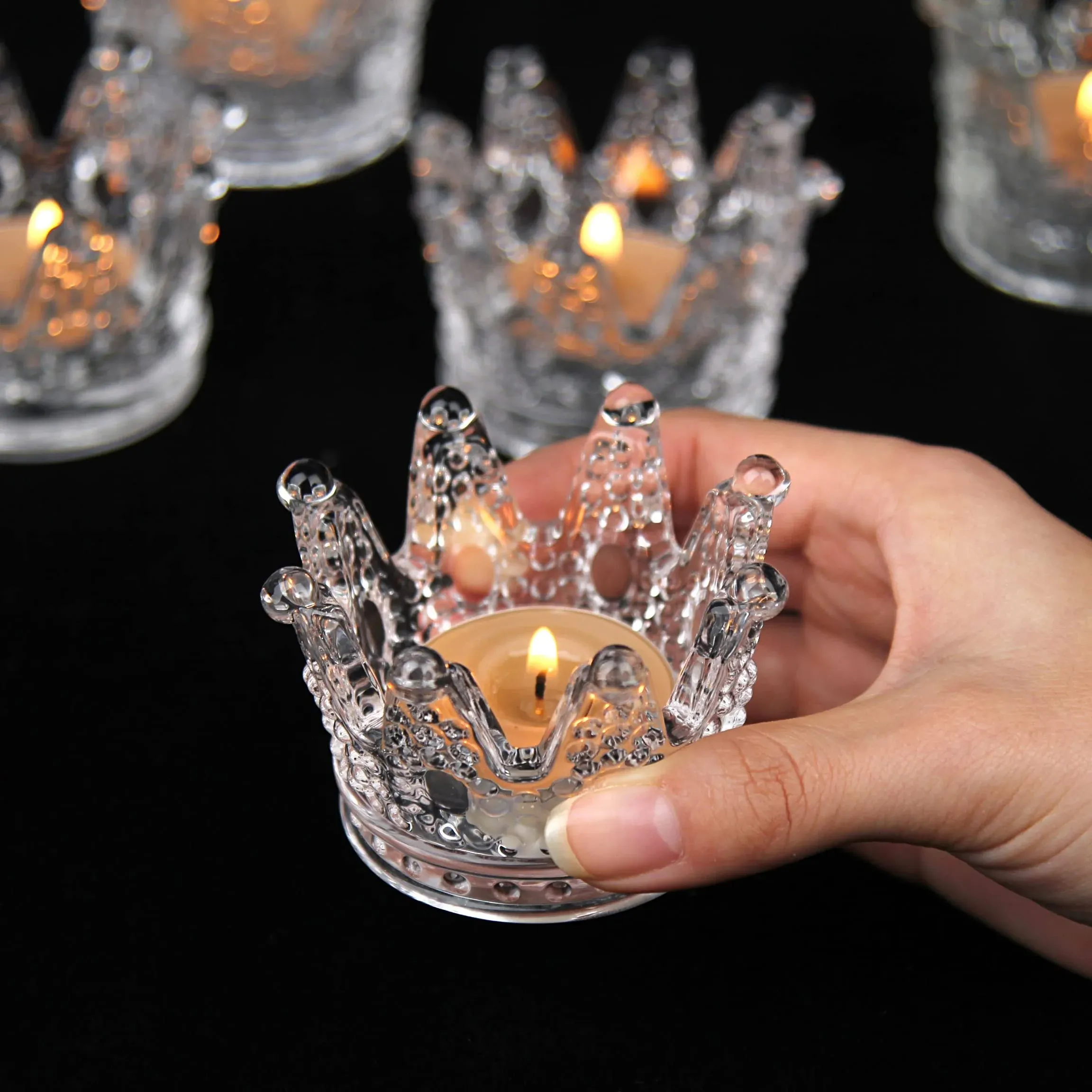 Vixdonos Clear Votive Candle Holders Set of 6 Crown Glass Tealight Candle Hol