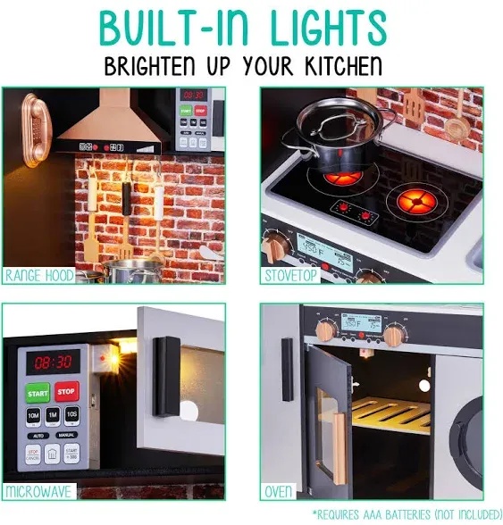 Lil' Jumbl Jumbl Kids Kitchen Set, Pretend Wooden Play Kitchen, Battery Operated Icemaker, Microwave, Range Hood, Stove Top, Oven, with Realistic Sound & Lights, Pots, Pan, & Utensils Included