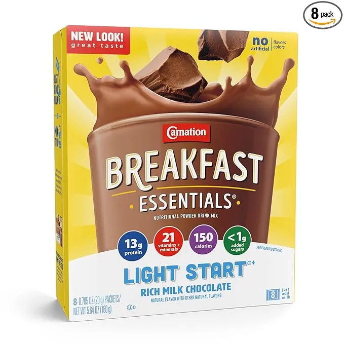 Carnation Breakfast Essentials Light Start Oral Supplement Chocolate 0.705 oz. Packet 64 CtCarnation Breakfast Essentials Light Start Oral Supplement Chocolate 0.705 oz. Packet 64 Ct