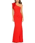 Xscape Women's Petite Ruffled One-Shoulder Gown - Red - Size 14p